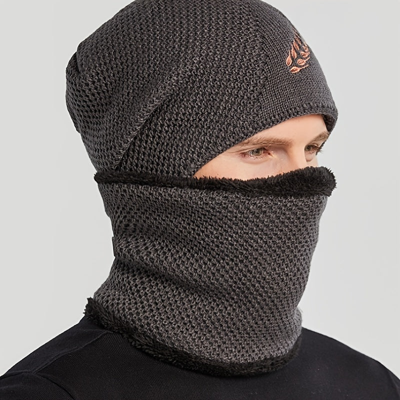 Men's Winter Embroidered Wheat Ear Pattern Knit Wool Hat & Muffler Set