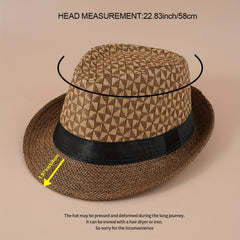 Geometric Plaid Crochet Fedora Cap Lightweight Casual Straw Sun Hat