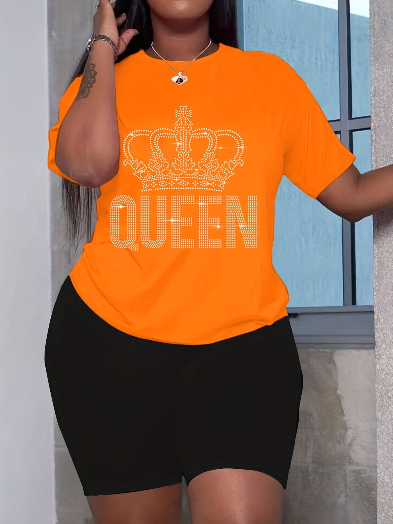 Women's Plus Rhinestone Crown & Letter Short Sleeve Tee & Shorts 2pcs Set