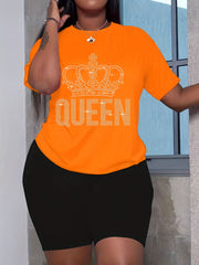 Women's Plus Rhinestone Crown & Letter Short Sleeve Tee & Shorts 2pcs Set