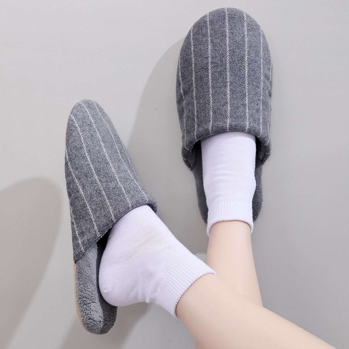 Grey Minimalist Striped Fluffy Slippers