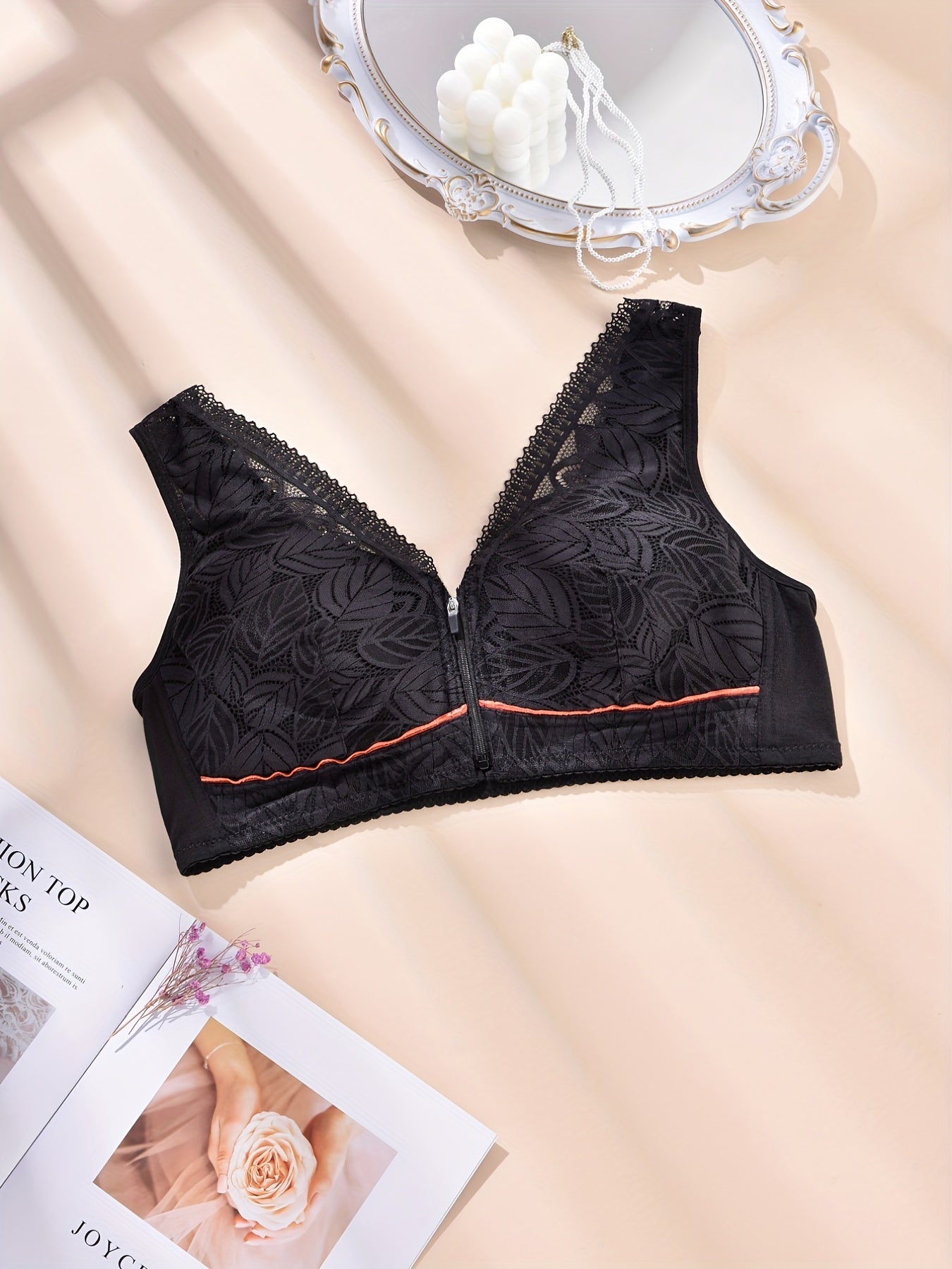 2 Pack Leaf Lace Zipper Front Full Cover Bra Set Plus Size