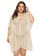 Plus Size Eyelet Embroidery V Neck Tassel Trim Beach Cover Up Dress