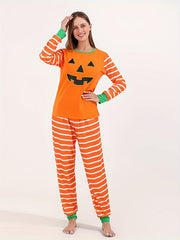 Pumpkin Print Halloween Pajama Set Long Sleeve Crew Neck Top & Striped Pants
