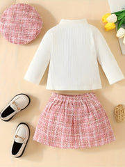 3pcs Toddler Girls Long Sleeve Top & Plaid Skirt & Hat Set