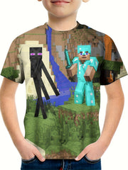 Pixel Man Fight Monster Print Tee Kids Casual Summer Top