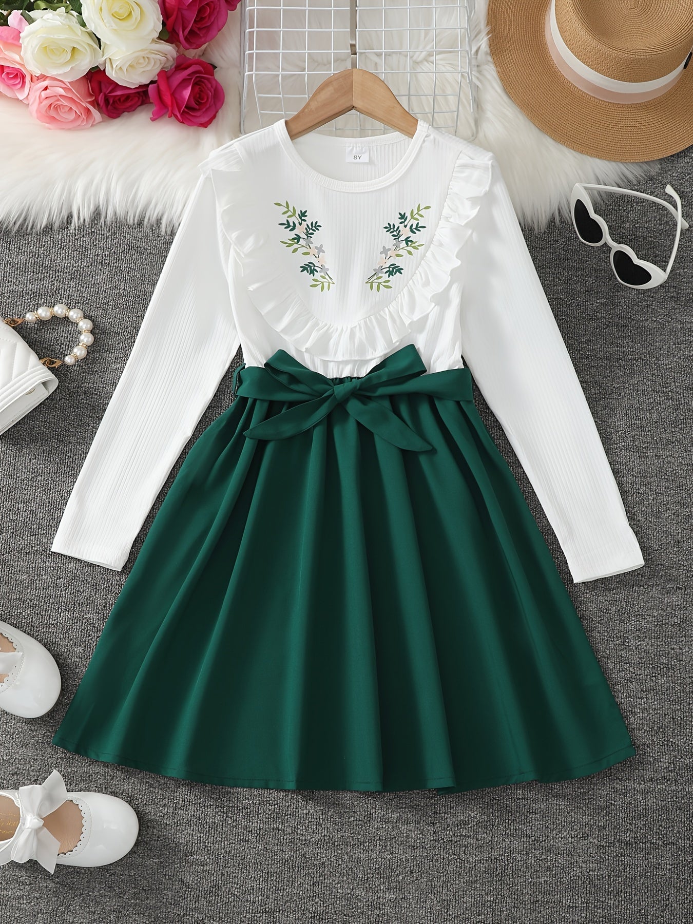 Girls' Floral Ruffle Knit Top A Line Midi Dress