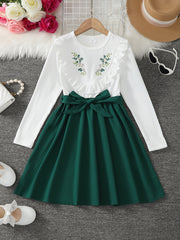 Girls' Floral Ruffle Knit Top A Line Midi Dress
