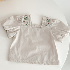 Baby Girls Floral Embroidery Square Neck Top Summer Clothes