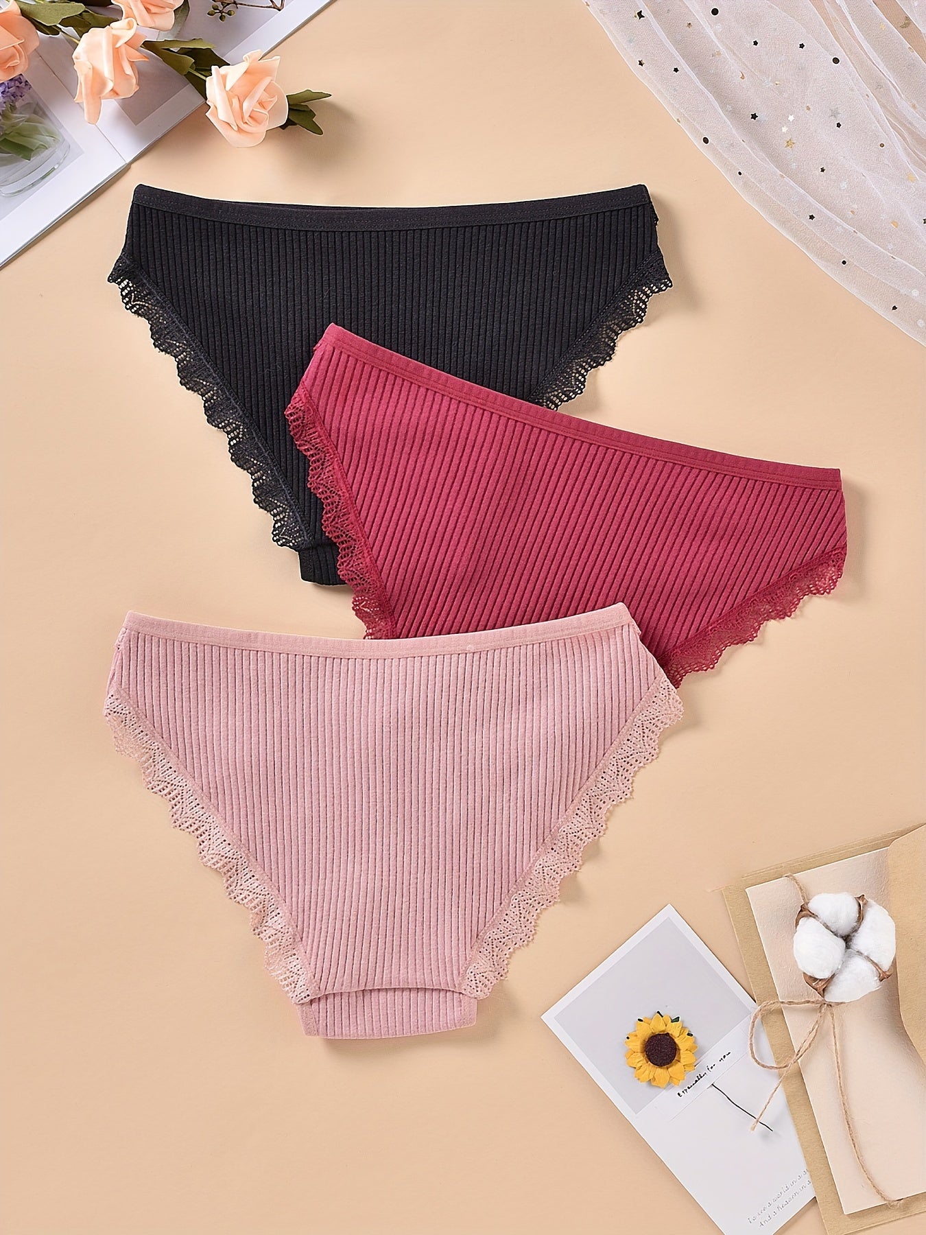 3pcs Lace Ribbed Briefs Women's Panties