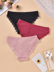 3pcs Lace Ribbed Briefs Women's Panties