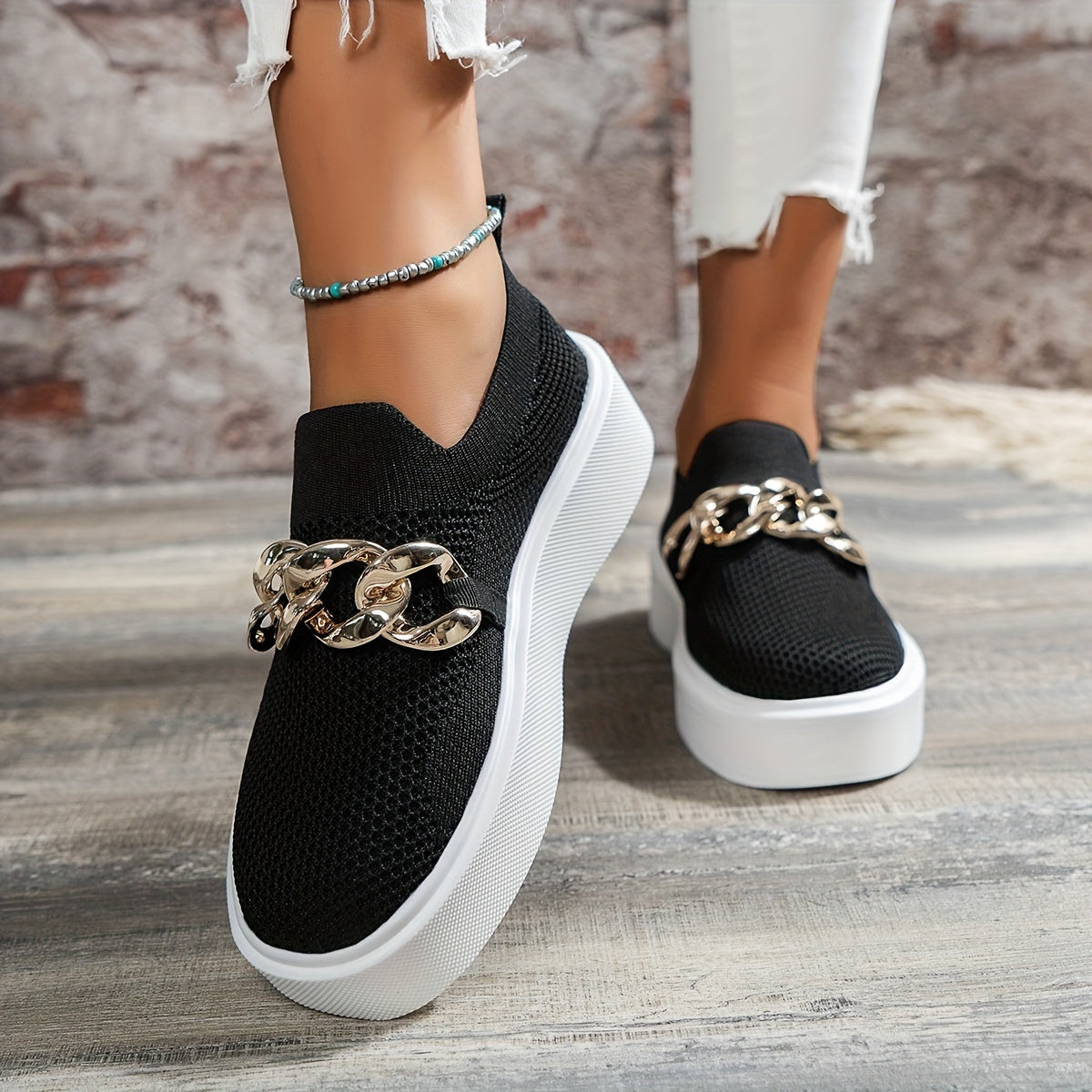 Women's Chain Decor Platform Sneakers Slip On Shoes