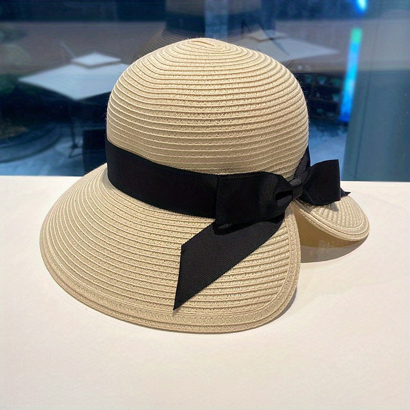 Bowknot Ponytail Sun Hat Vintage Wide Brim Straw Hats Classic Foldable