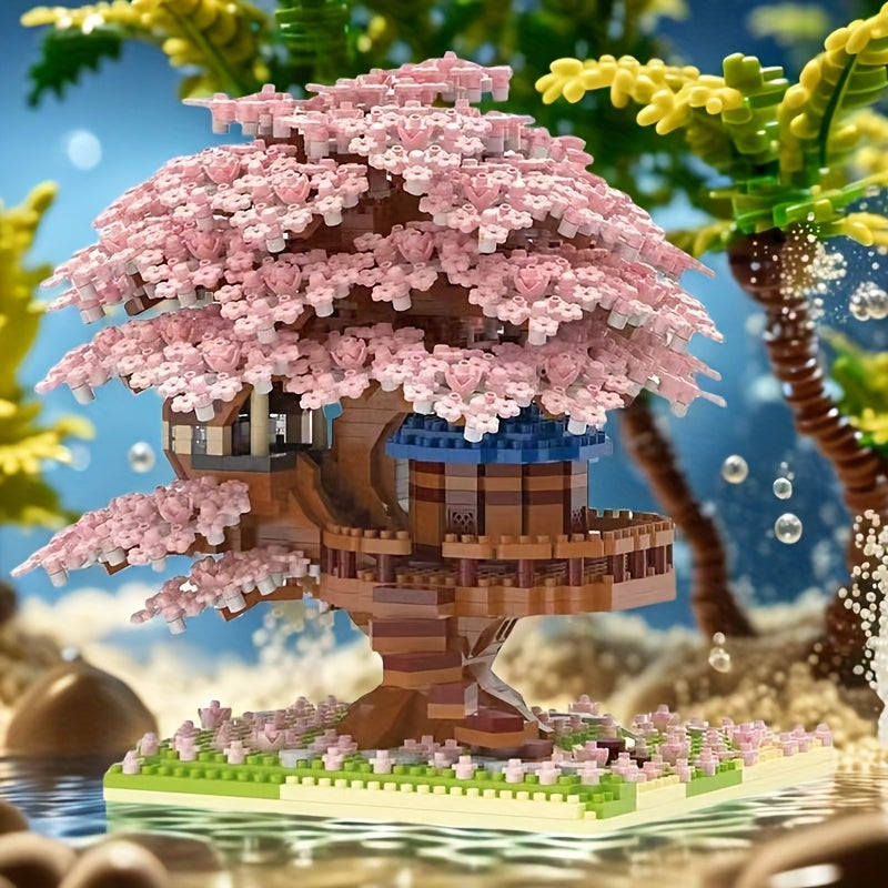 1105pcs Sakura Landscape Trees Plants House Building Blocks Set
