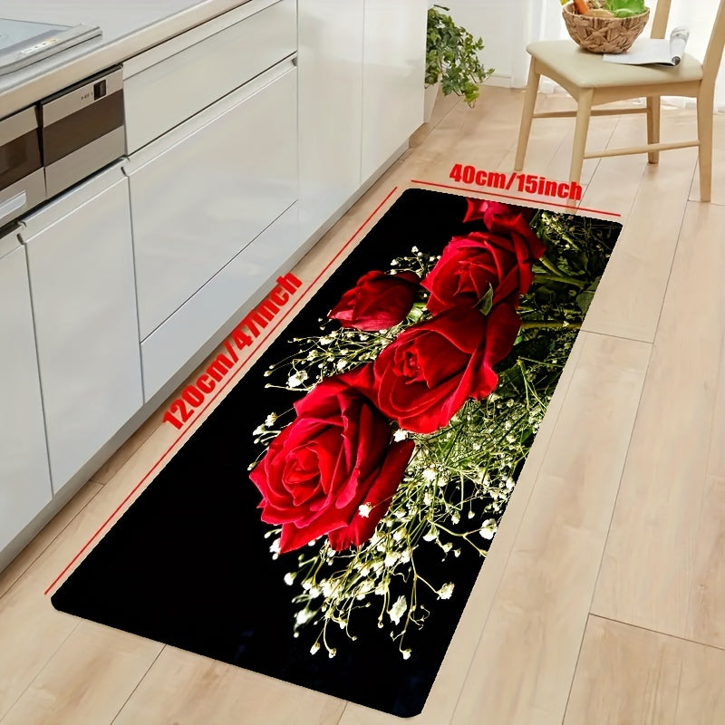 Soft Kitchen Rug Anti Fatigue Rose Flowers Waterproof Non Slip Runner Rug