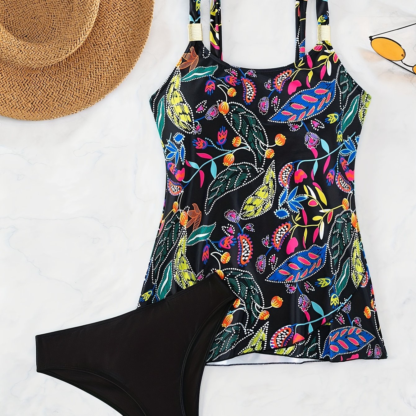 Floral Print Wide Straps Tankini Swimsuit Set Women's Swimwear