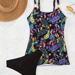 Floral Print Wide Straps Tankini Swimsuit Set Women's Swimwear