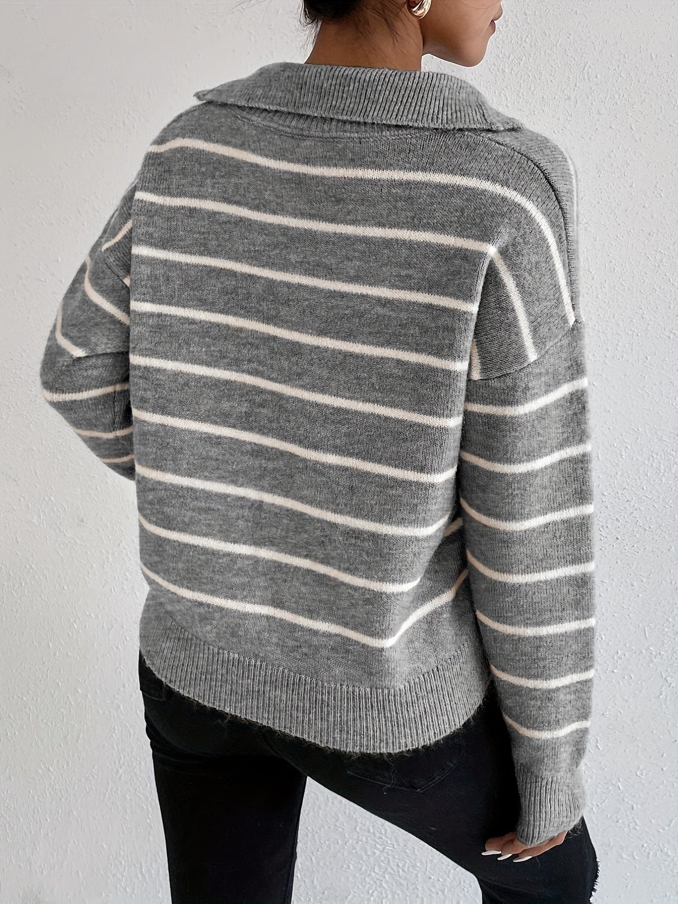 Striped Knitted Long Sleeve Polo Neck Pullover Jumper