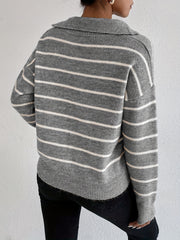 Striped Knitted Long Sleeve Polo Neck Pullover Jumper
