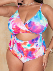 Tie Dye Wrap V Neck Cut Out One Piece Swimsuit