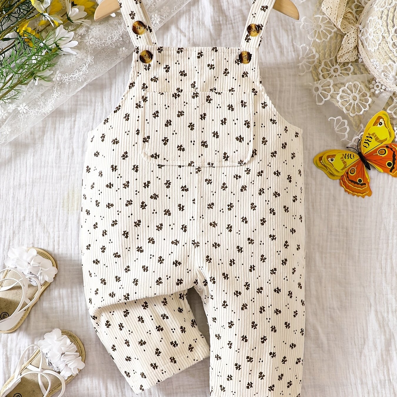 Floral Print Denim Suspenders Baby Casual Sports Bib Pants