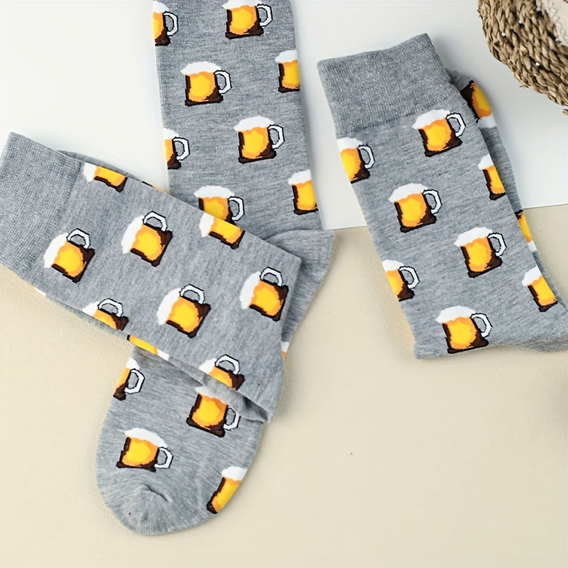 3 Pairs Beer Print Socks Cartoon Comfy Mid Tube Women's Stockings
