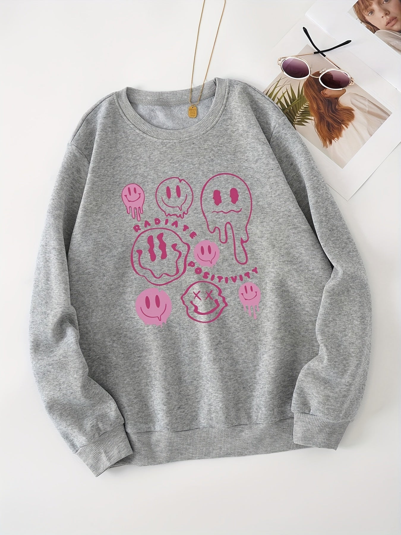 Smiling Face Print Loose Long Sleeve Sweatshirt for Women