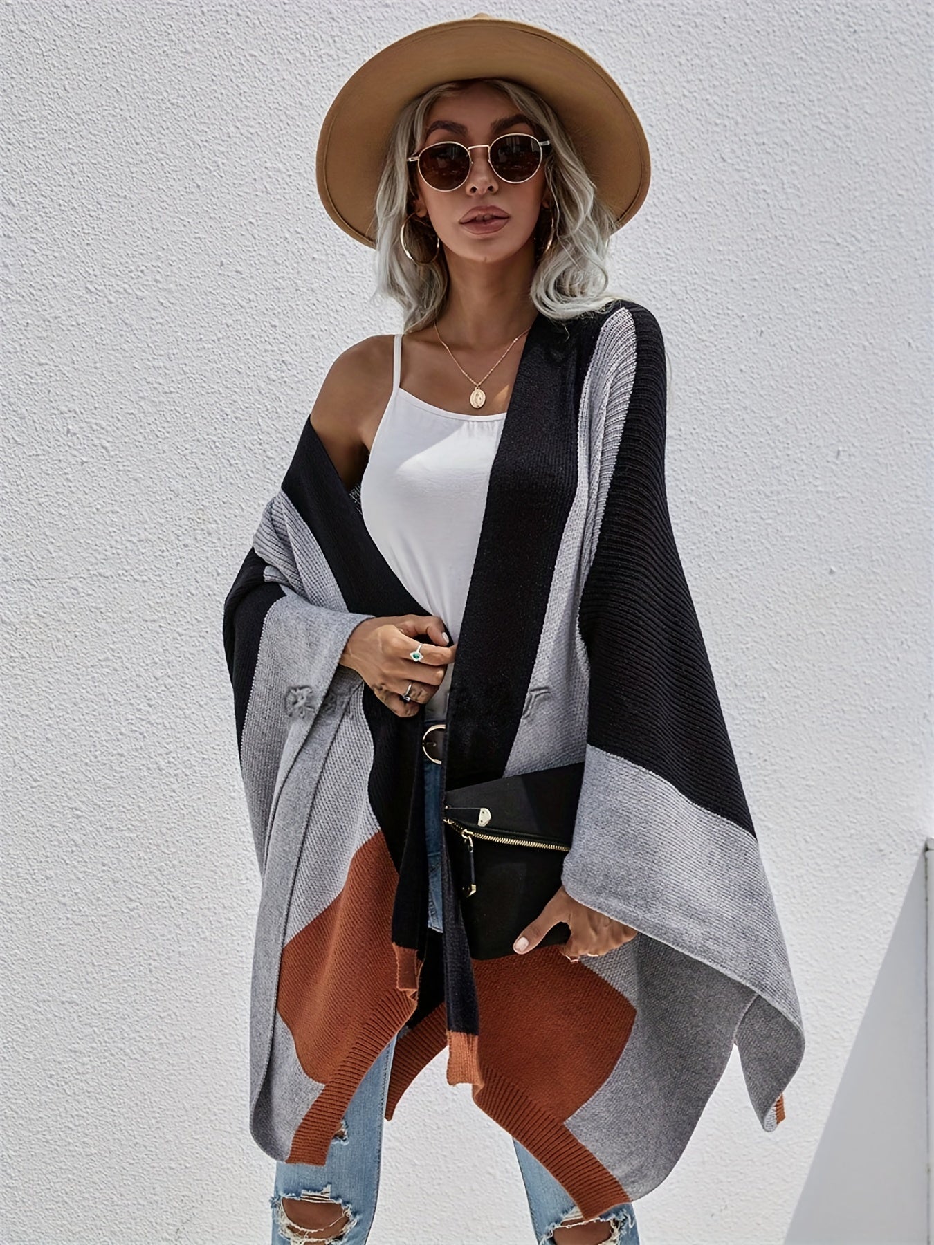 Colorblock Bat Sleeve Cardigan