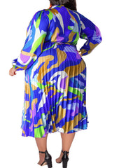 Abstract Print Lantern Sleeve Maxi Dress