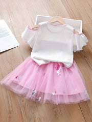 2pc Toddler Girls Unicorn Bow Top & Tutu Skirt Set For Party Kids Summer Clothes