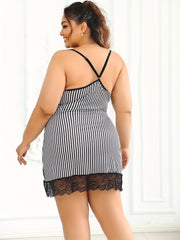 Sexy Nightdress Women's Plus Stripe Print Contrast Lace Trim Cami Slee
