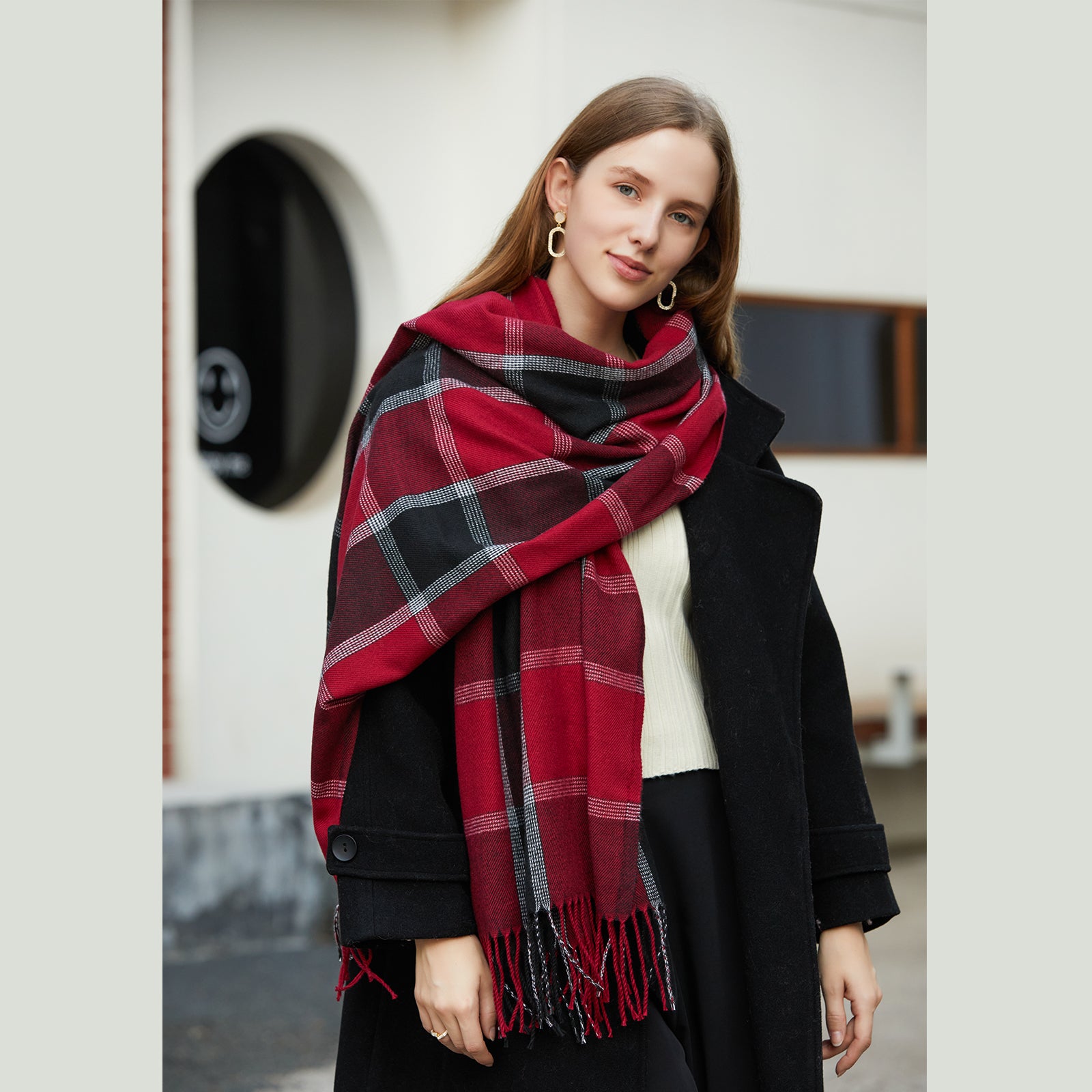 Plaid Pattern Tassel Scarf Windproof Warm Shawl Classic Thick Couple Scarves