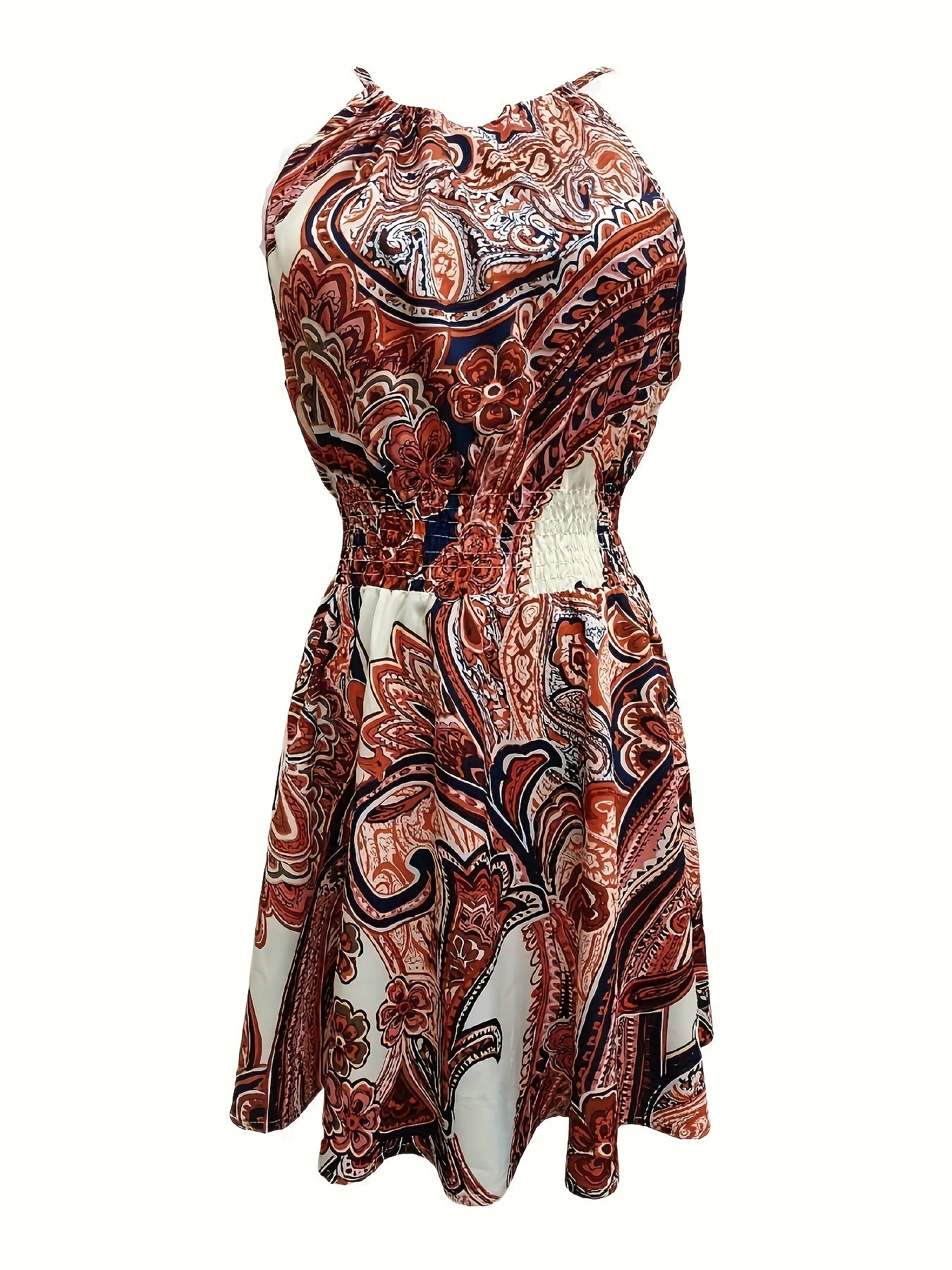 Paisley Print Tie Back Dress Boho Sleeveless Shirred Waist Dress