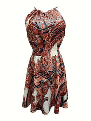 Paisley Print Tie Back Dress Boho Sleeveless Shirred Waist Dress