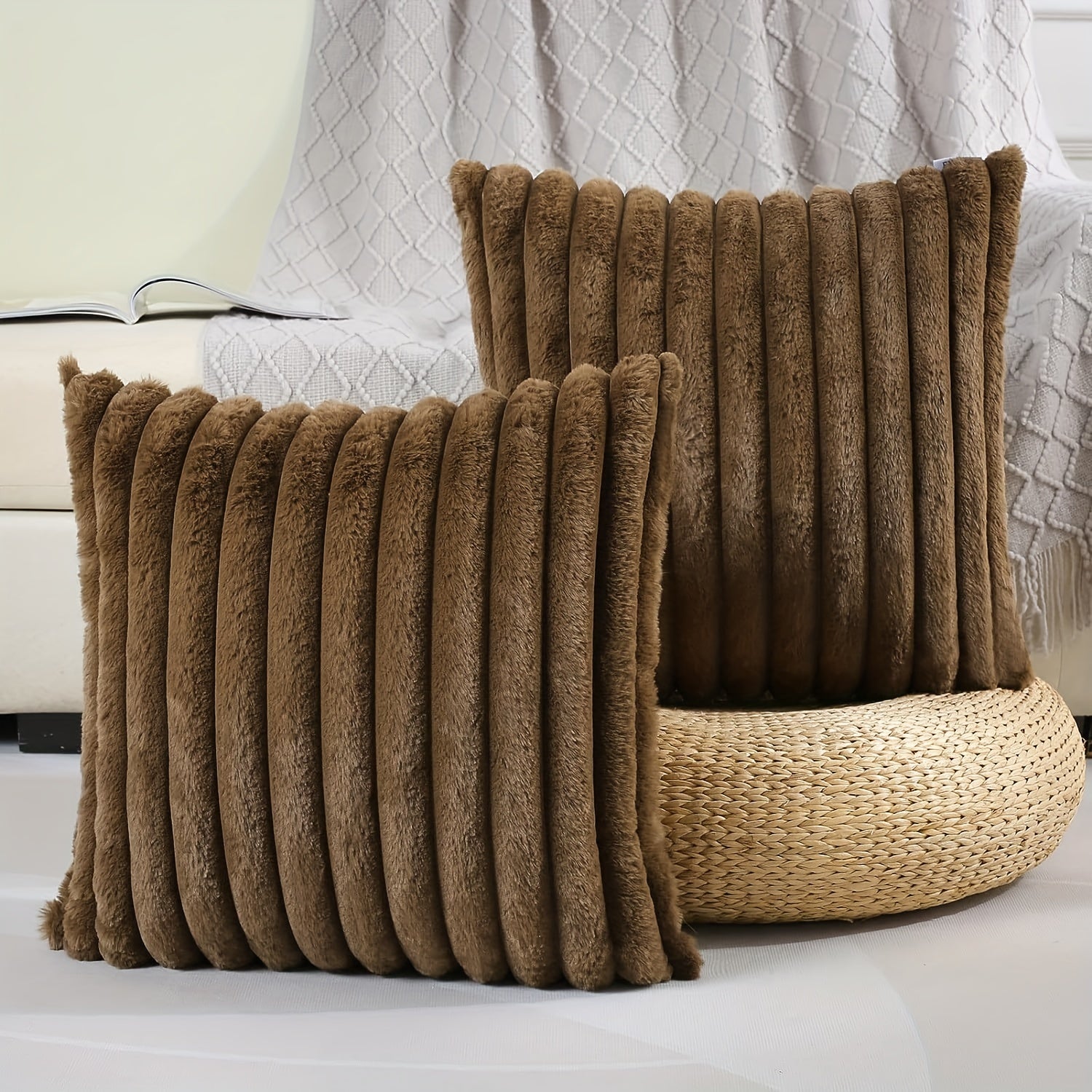 2pcs Double sided Faux Fur Plush Throw Pillow Covers