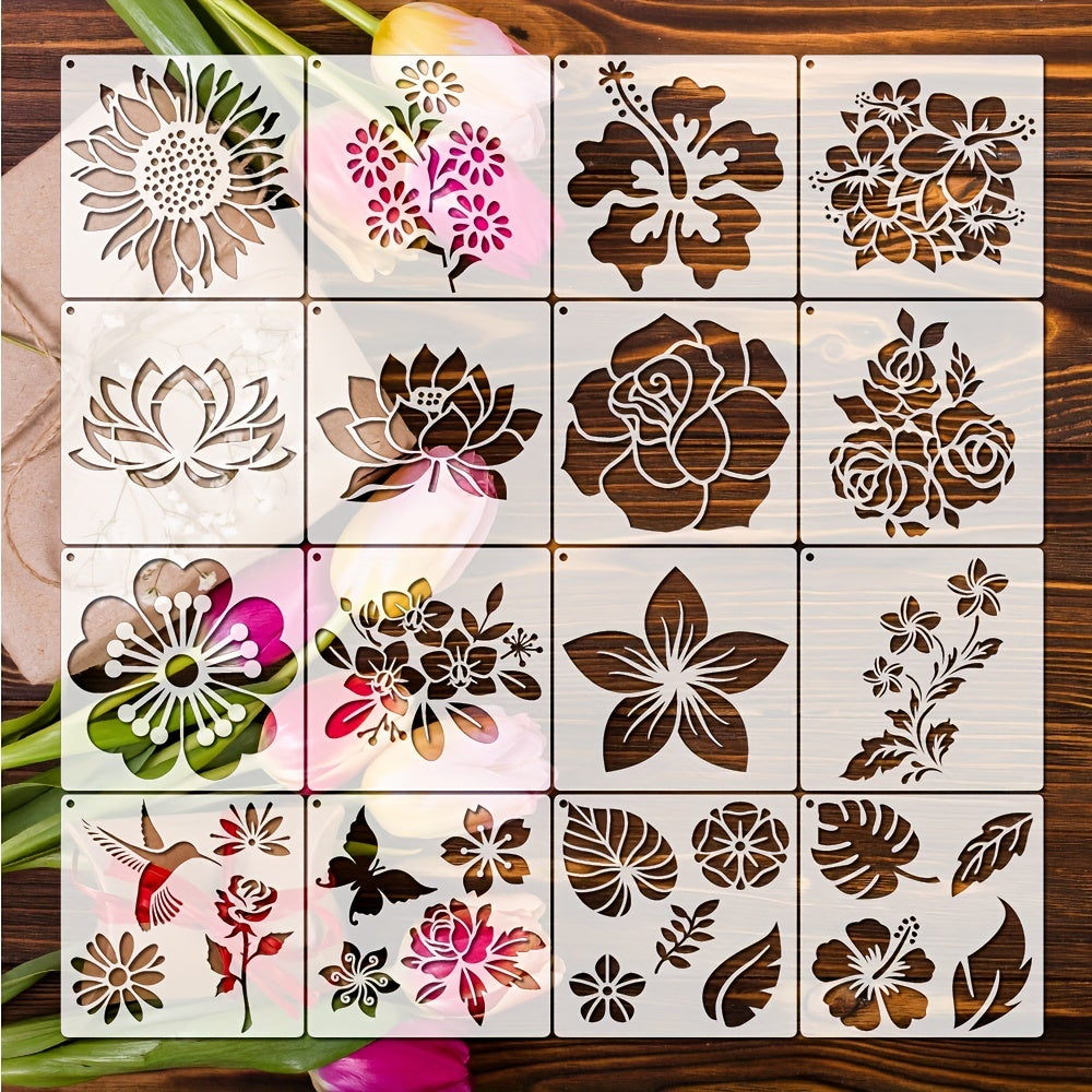 16pcs Reusable Flower Stencils with Metal Ring - DIY Painting Templates