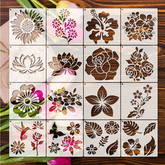 16pcs Reusable Flower Stencils with Metal Ring - DIY Painting Templates