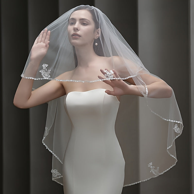 Beaded Floral Veil Soft Nylon Bridal Gown Accessory with Lace Detailing