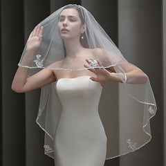 Beaded Floral Veil Soft Nylon Bridal Gown Accessory with Lace Detailing