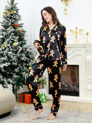 Christmas Satin Pajama Set Long Sleeve Blouse & Elastic Waistband Pants