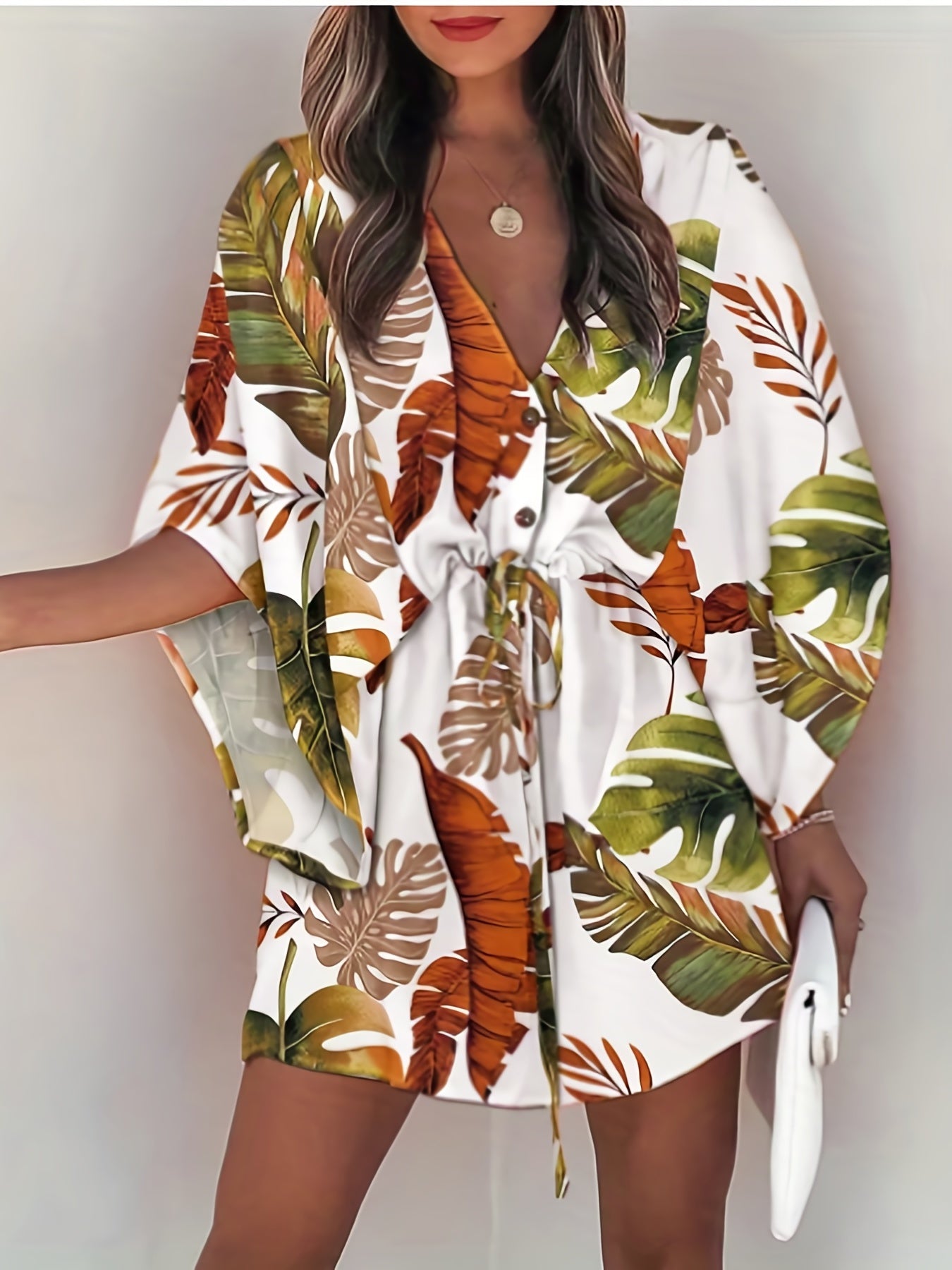 Bell Sleeve Button Dress V Neck Drawstring Casual