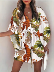 Bell Sleeve Button Dress V Neck Drawstring Casual