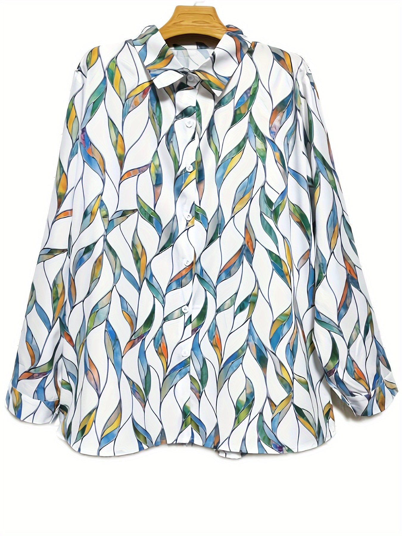 Women's Plus Ombre Leaf Print Long Sleeve Button Up Lapel Collar Shirt