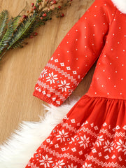 Girls Snow Graphic Christmas Dress with Fur Collar