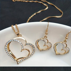 Heart Pendant Jewelry Set Rhinestone Decor Necklace Bracelet Earrings