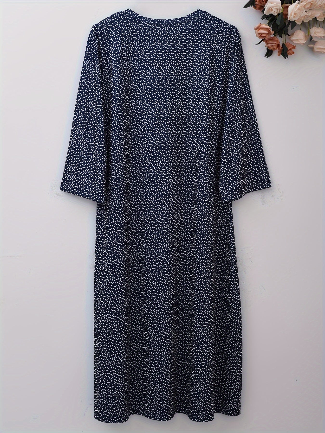 Allover Print V Neck Loose Fit Dress