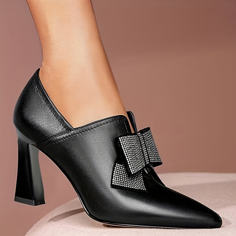 Rhinestone Bow High Heels Pointed Toe Slip On Dress Shoes