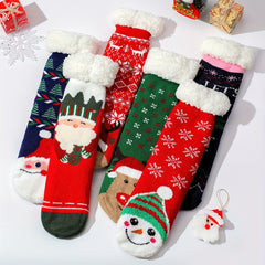 6 Pairs Christmas Print Plush Lined Socks Winter Warm Antiskid Floor Socks