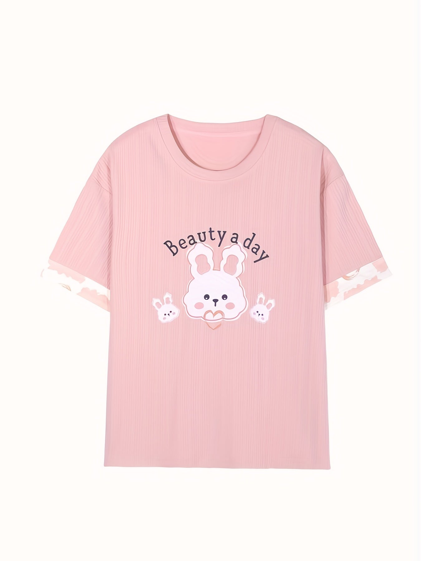Bunny Print Pajama Set Short Sleeve Top & Heart Crop Pants Women's Sleepwear