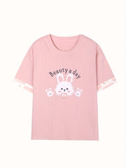 Bunny Print Pajama Set Short Sleeve Top & Heart Crop Pants Women's Sleepwear